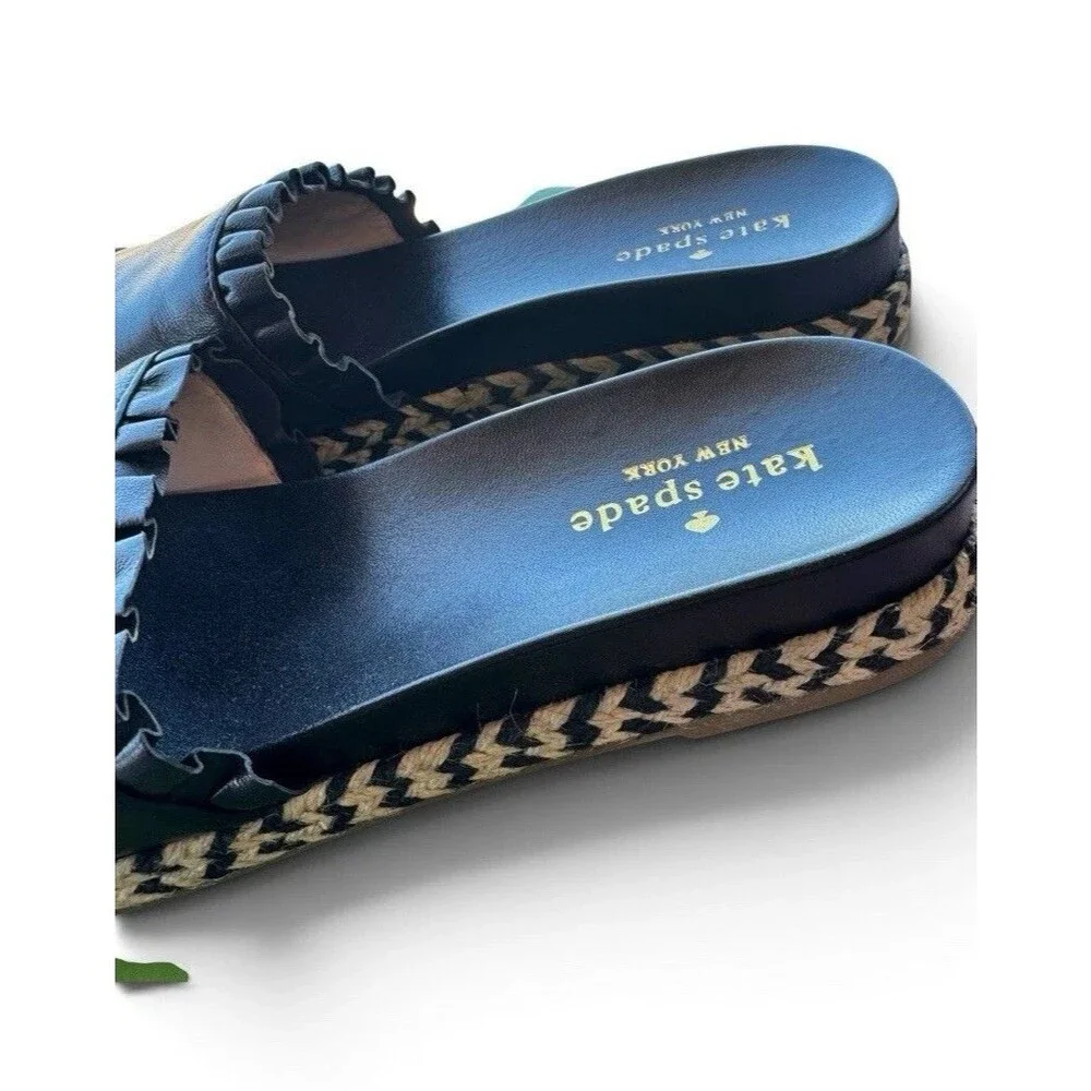 Kate Spade Zahara Sandals Black Leather Slip-On Slide Espadrille Sz 7 1/2 w/Box